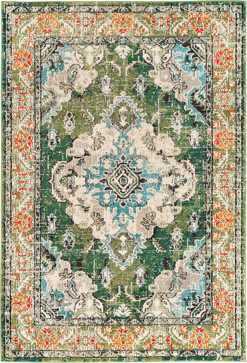 SAFAVIEH Monaco Collection Accent Rug - 2' x 3', Forest Green & Light Blue, Boho Medallion Distressed Design, Non-Shedding & Easy Care, Ideal for High Traffic Areas in Living Room, Bedroom (MNC243F-2)