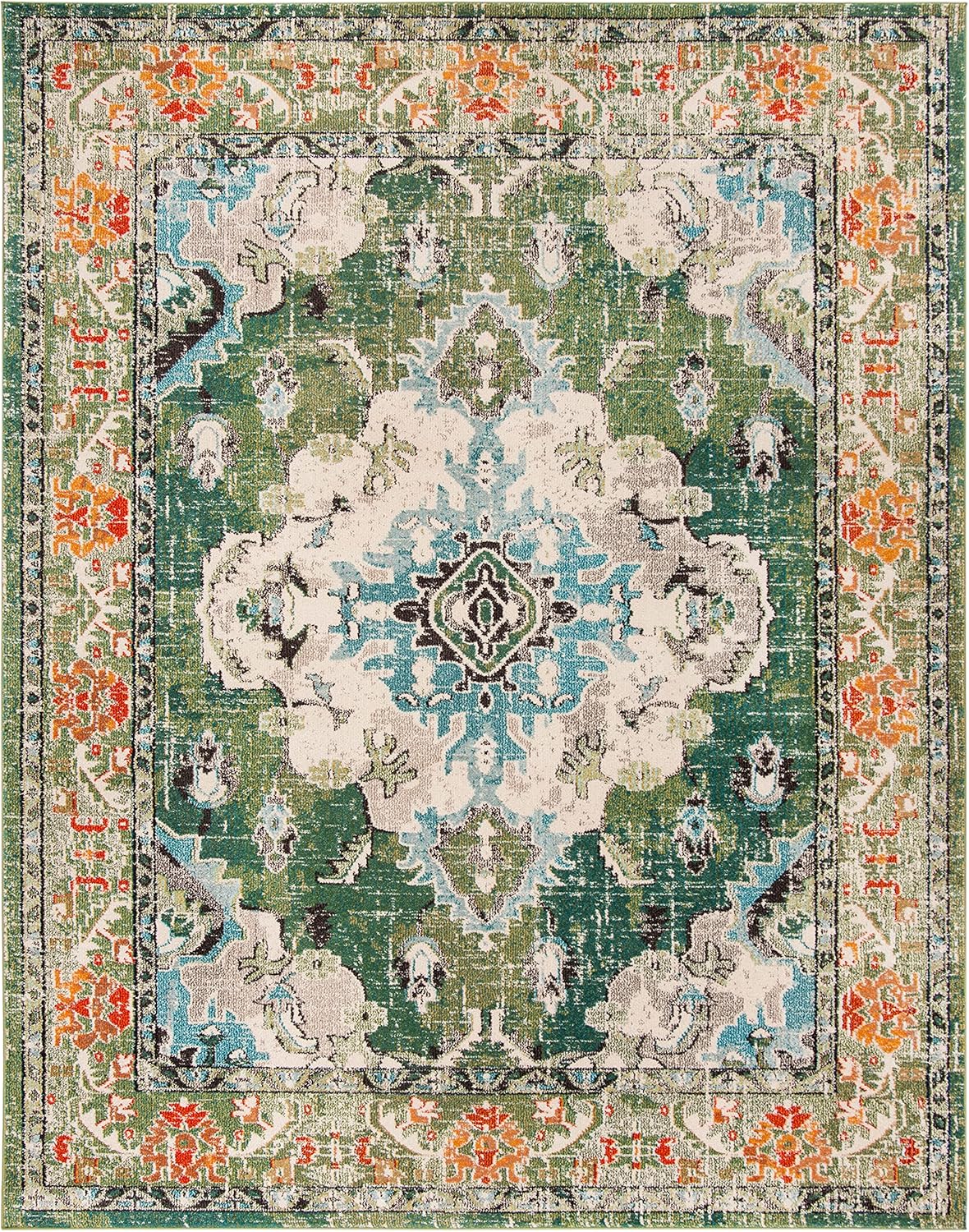 SAFAVIEH Monaco Collection X-Large Area Rug - 12' x 18', Forest Green & Light Blue, Medallion Distressed, Non-Shedding & Easy Care, Ideal for High Traffic Areas in Living Room, Bedroom (MNC243F)
