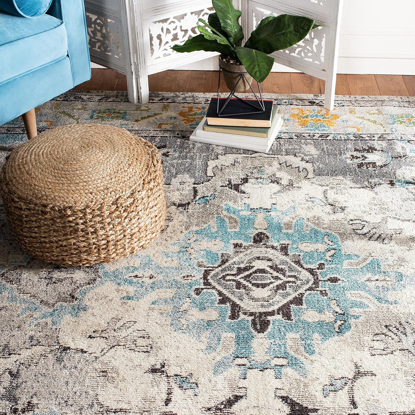 SAFAVIEH Monaco Collection Area Rug - 6'7" x 9'2", Grey & Light Blue, Boho Chic Medallion Distressed Design, Non-Shedding & Easy Care, Ideal for High Traffic Areas in Living Room, Bedroom (MNC243G)