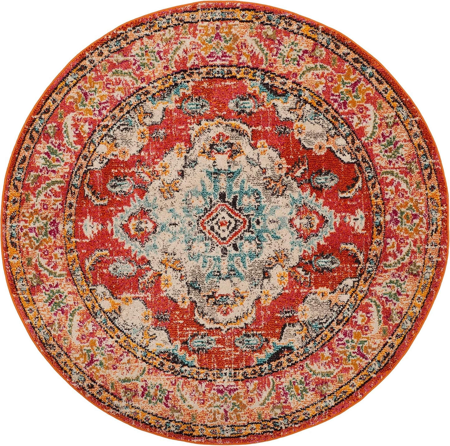 SAFAVIEH Monaco Collection Area Rug - 5' Round, Orange & Light Blue, Boho Chic Medallion Distressed Design, Non-Shedding & Easy Care, Ideal for High Traffic Areas in Living Room, Bedroom (MNC243H)