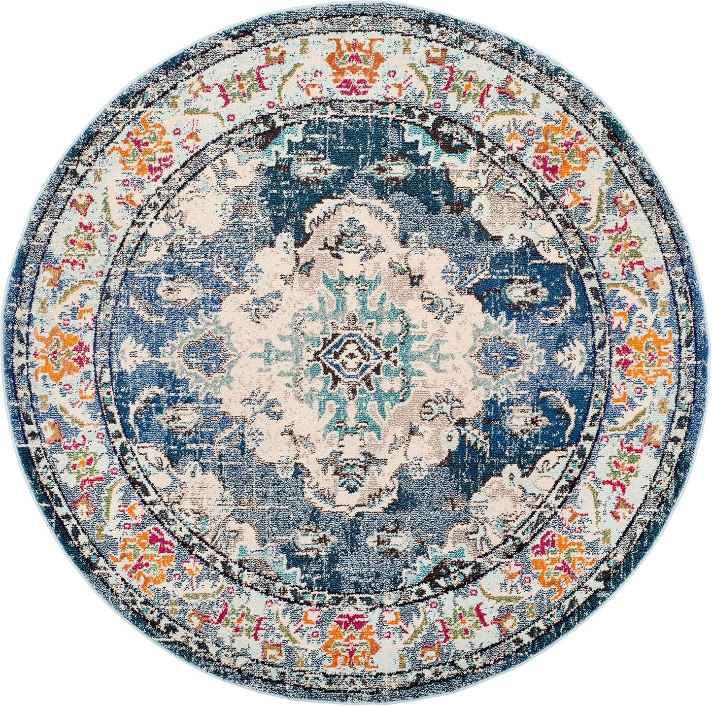 SAFAVIEH Monaco Collection Area Rug - 6'7" Round, Navy & Light Blue, Boho Chic Medallion Distressed Design, Non-Shedding & Easy Care, Ideal for High Traffic Areas in Living Room, Bedroom (MNC243N)