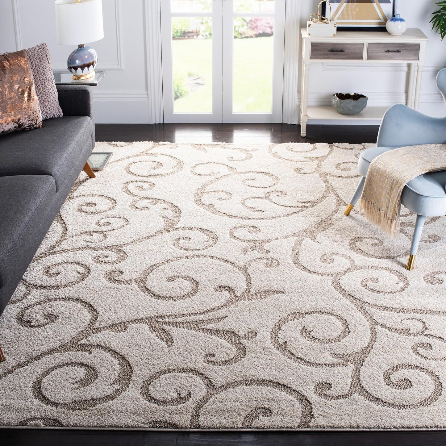 SAFAVIEH Florida Shag Collection Area Rug - 8'6" x 12', Ivory & Beige, Scroll Design, Non-Shedding & Easy Care, 1.2-inch Thick Ideal for High Traffic Areas in Living Room, Bedroom (SG455-13LT)