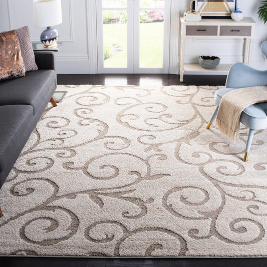 SAFAVIEH Florida Shag Collection Area Rug - 8'6" x 12', Ivory & Beige, Scroll Design, Non-Shedding & Easy Care, 1.2-inch Thick Ideal for High Traffic Areas in Living Room, Bedroom (SG455-13LT)
