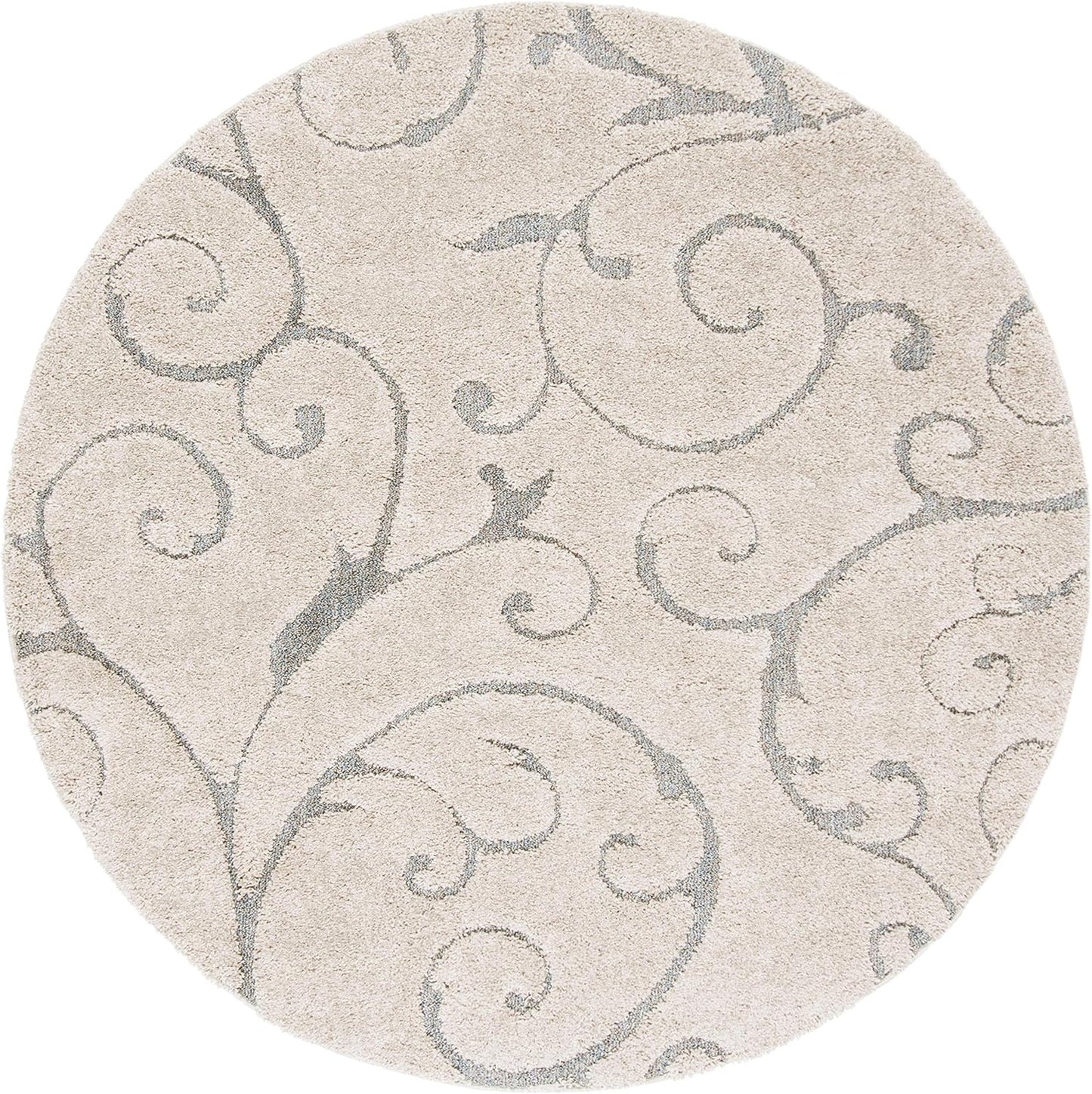 SAFAVIEH Florida Shag Collection Area Rug - 5' Round, Beige & Blue Grey, Scroll Design, Non-Shedding & Easy Care, 1.2-inch Thick Ideal for High Traffic Areas in Living Room, Bedroom (SG455-1155)