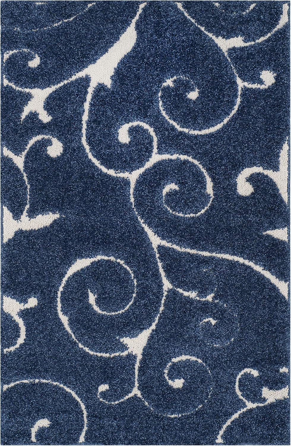 SAFAVIEH Florida Shag Collection Accent Rug - 3'3" x 5'3", Dark Blue & Cream, Scroll, Non-Shedding & Easy Care, 1.2-inch Thick Ideal for High Traffic Areas in Foyer, Living Room, Bedroom (SG455-6511)