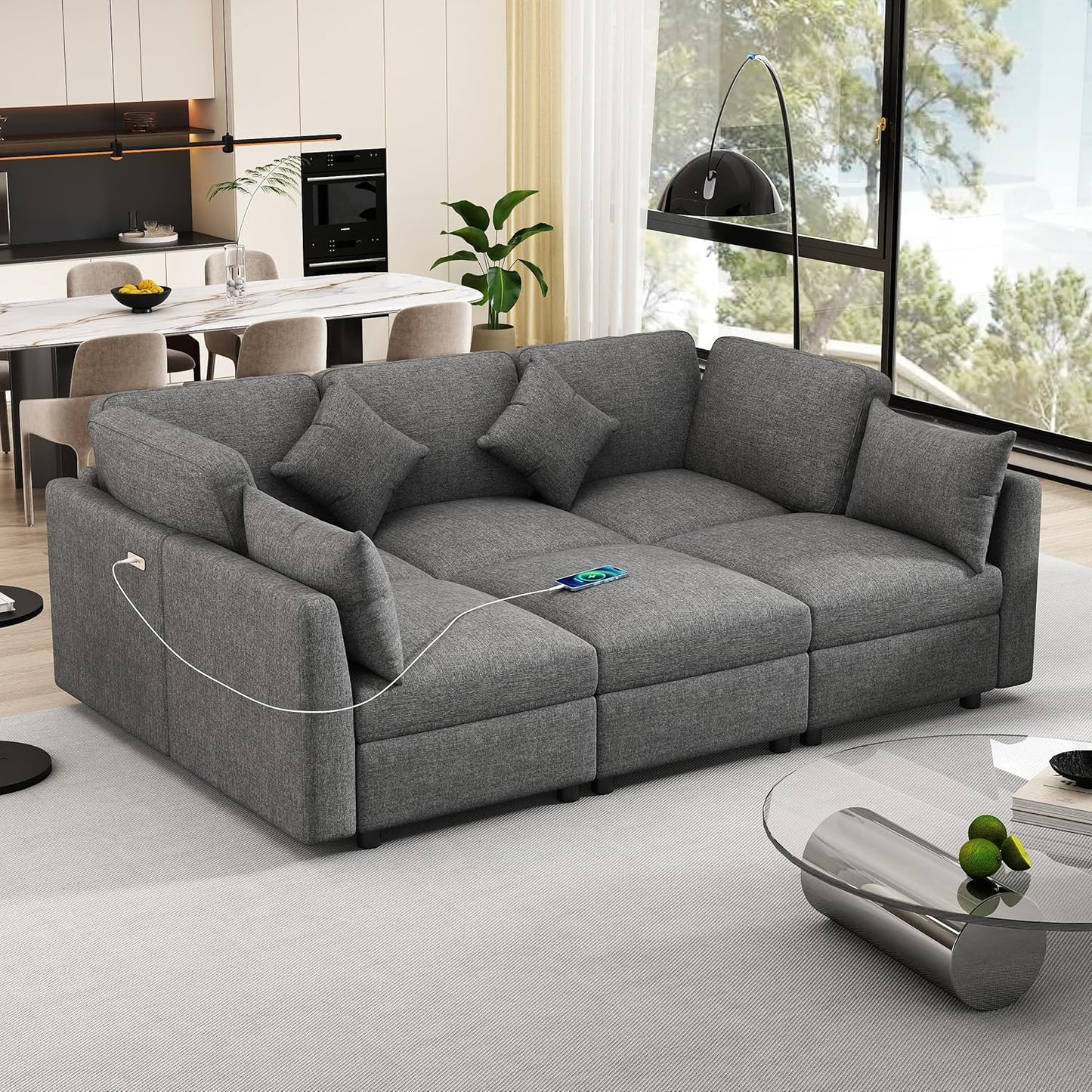 Ball & Cast Oversize Modular Sectional Sofa,85.4" 5-Seater Couch with USB Ports and 9 Pillows,Chenille Upholstered Convertible Sleeper Sofabed w/Movable Ottoman,for Living Room,Grey