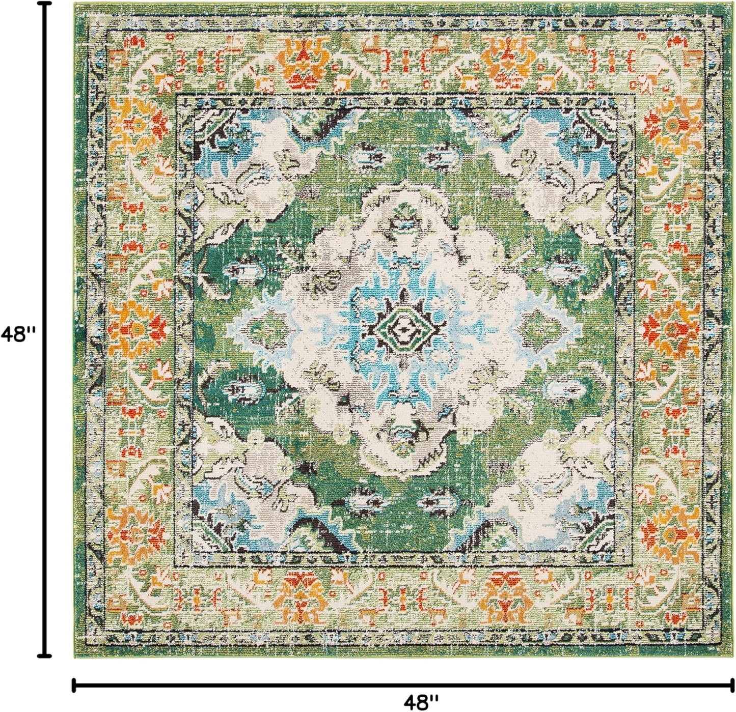 SAFAVIEH Monaco Collection Area Rug - 4' Square, Forest Green & Light Blue, Medallion Distressed Design, Non-Shedding & Easy Care, Ideal for High Traffic Areas in Living Room, Bedroom (MNC243F)