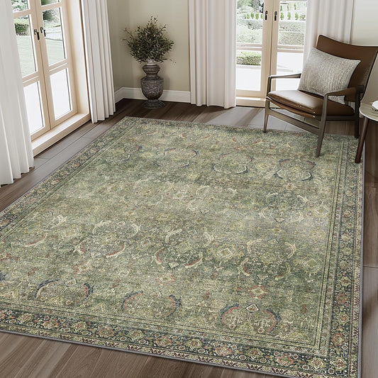 10X12 Area Rugs Machine Washable Rugs for Living Room, Vintage Boho Large Rugs for Bedroom Dining Room, Non Slip Indoor Soft Distressed Lightweight Thin Low Pile Carpet, Green