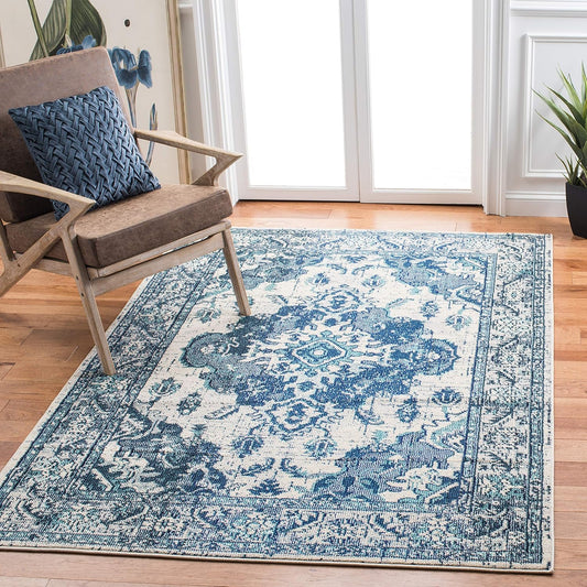 SAFAVIEH Monaco Collection Accent Rug - 4' x 5'7", Ivory & Blue, Boho Medallion Distressed Design, Non-Shedding & Easy Care, Ideal for High Traffic Areas in Entryway, Living Room, Bedroom (MNC243A)