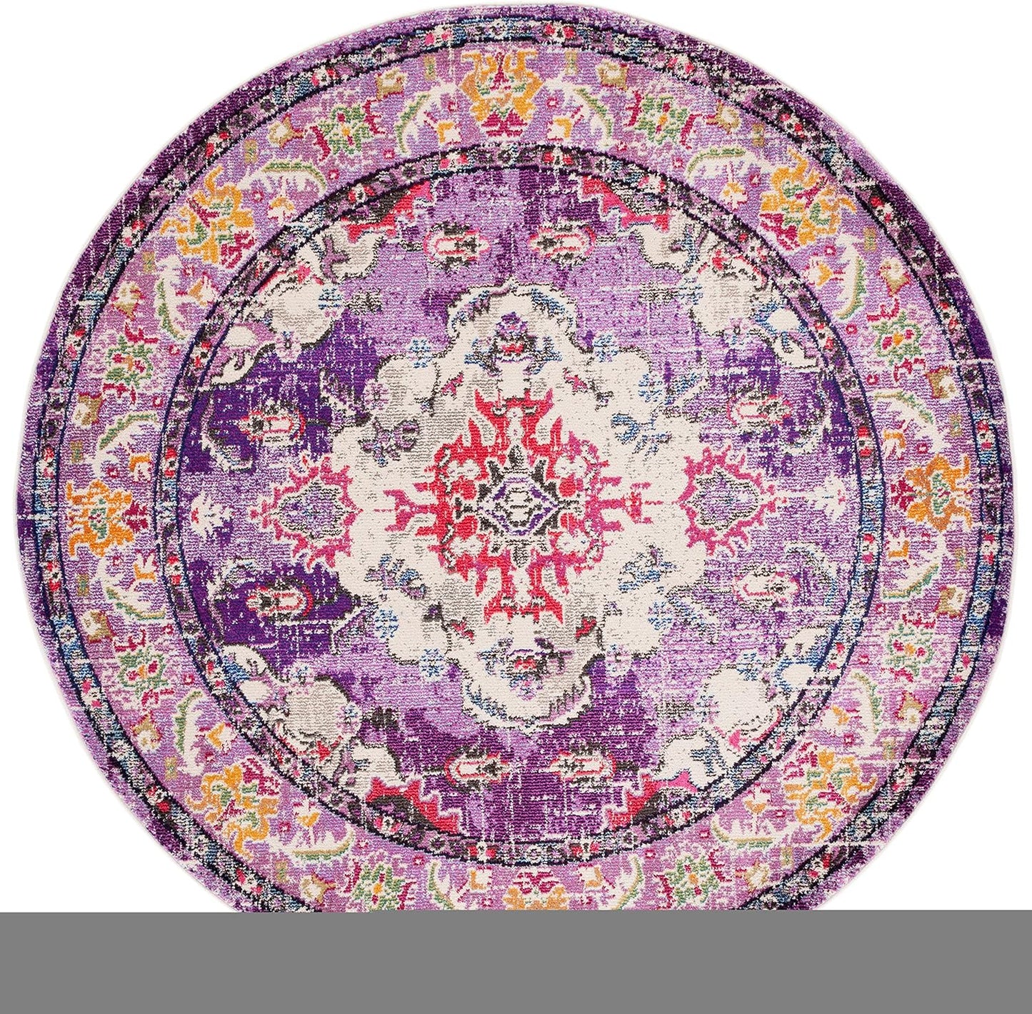 SAFAVIEH Monaco Collection Area Rug - 6'7" Round, Violet & Fuchsia, Boho Chic Medallion Distressed Design, Non-Shedding & Easy Care, Ideal for High Traffic Areas in Living Room, Bedroom (MNC243P)