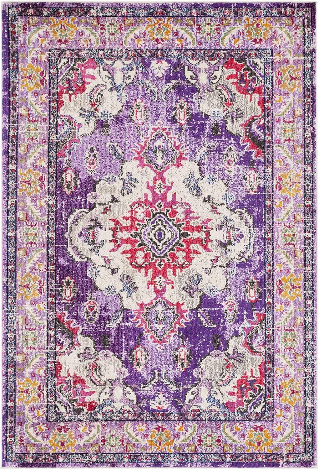 SAFAVIEH Monaco Collection Area Rug - 5'1" x 7'7", Violet & Fuchsia, Boho Chic Medallion Distressed Design, Non-Shedding & Easy Care, Ideal for High Traffic Areas in Living Room, Bedroom (MNC243P)