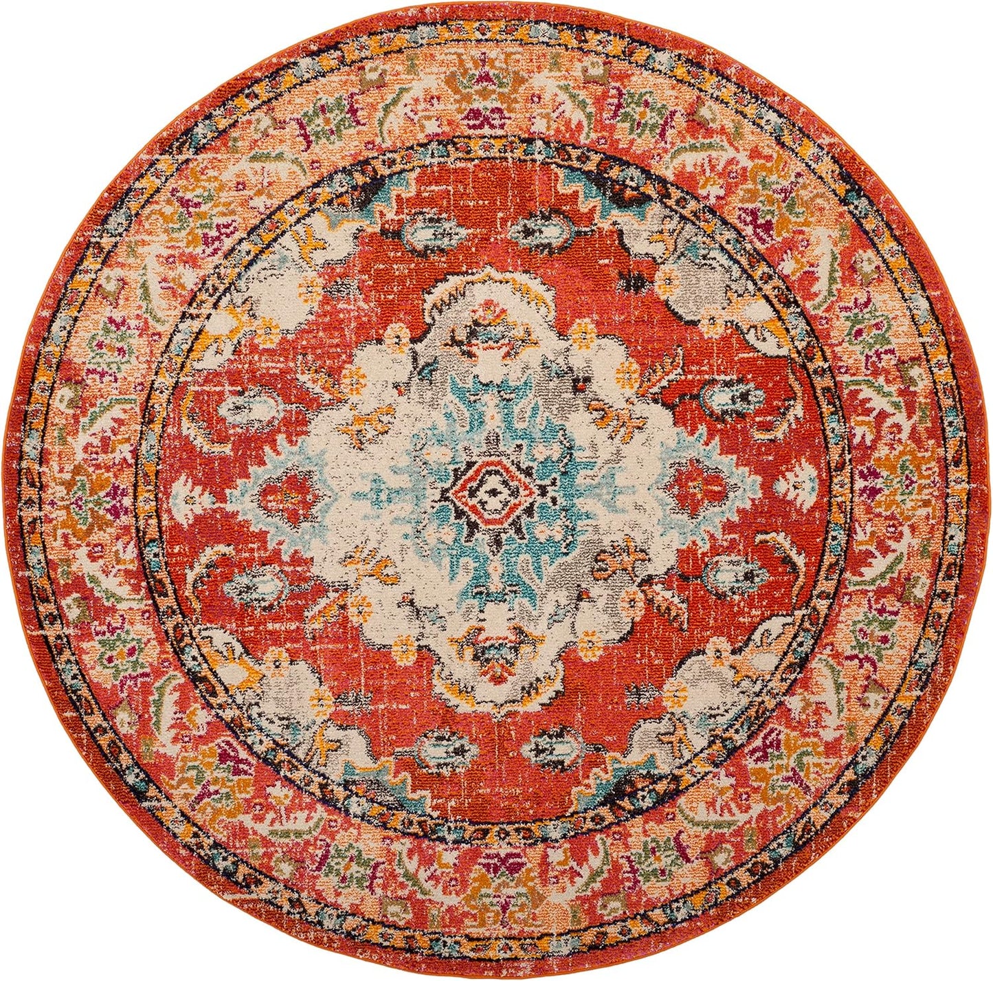 SAFAVIEH Monaco Collection Area Rug - 8' Round, Orange & Light Blue, Boho Chic Medallion Distressed Design, Non-Shedding & Easy Care, Ideal for High Traffic Areas in Living Room, Bedroom (MNC243H)