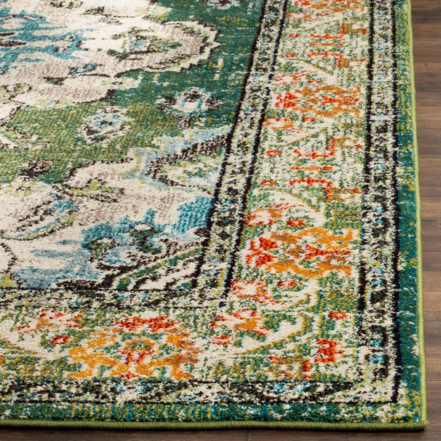 SAFAVIEH Monaco Collection Area Rug - 8'8" Square, Forest Green & Light Blue, Medallion Distressed Design, Non-Shedding & Easy Care, Ideal for High Traffic Areas in Living Room, Bedroom (MNC243F)