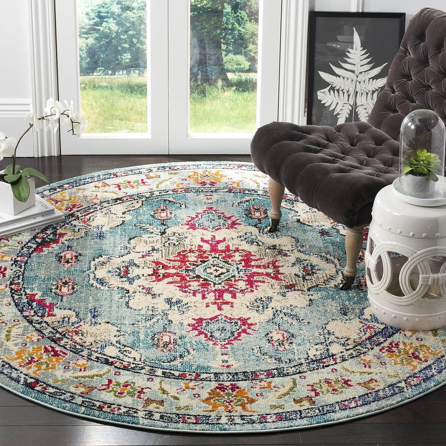 SAFAVIEH Monaco Collection Area Rug - 6'7" Round, Light Blue & Fuchsia, Boho Chic Medallion Distressed Design, Non-Shedding & Easy Care, Ideal for High Traffic Areas in Living Room, Bedroom (MNC243J)