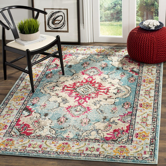 SAFAVIEH Monaco Collection Area Rug - 6'7" x 9'2", Light Blue & Fuchsia, Boho Chic Medallion Distressed Design, Non-Shedding & Easy Care, Ideal for High Traffic Areas in Living Room, Bedroom (MNC243J)