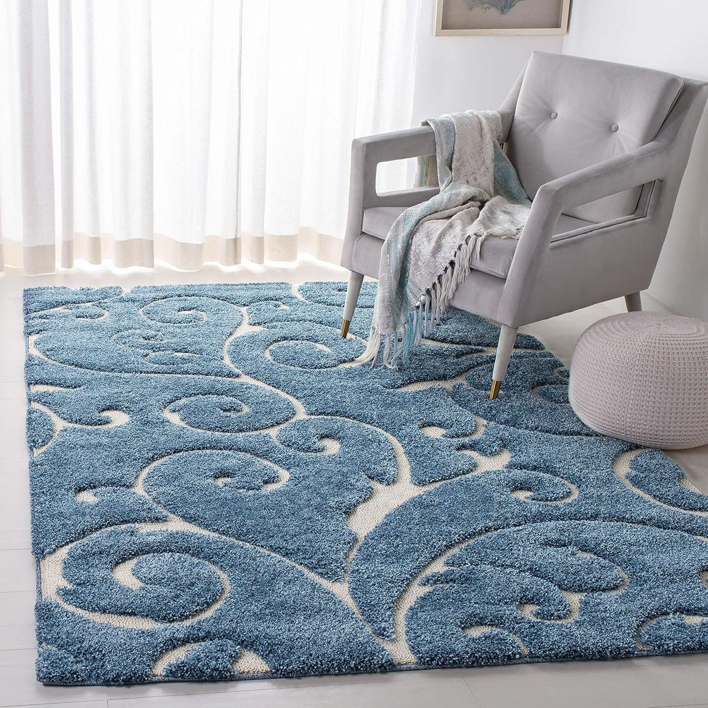 SAFAVIEH Florida Shag Collection Accent Rug - 4' x 6', Light Blue & Cream, Scroll, Non-Shedding & Easy Care, 1.2-inch Thick Ideal for High Traffic Areas in Entryway, Living Room, Bedroom (SG455-6011)