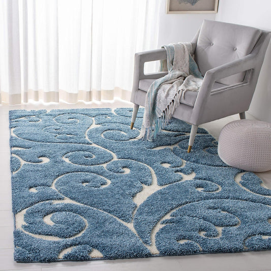 SAFAVIEH Florida Shag Collection Accent Rug - 4' x 6', Light Blue & Cream, Scroll, Non-Shedding & Easy Care, 1.2-inch Thick Ideal for High Traffic Areas in Entryway, Living Room, Bedroom (SG455-6011)