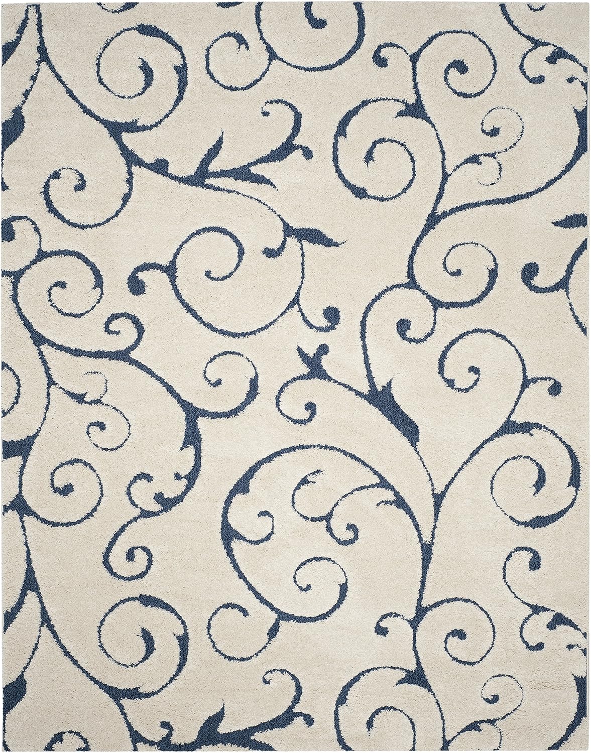 SAFAVIEH Florida Shag Collection Area Rug - 8'6" x 12', Cream & Blue, Scroll Design, Non-Shedding & Easy Care, 1.2-inch Thick Ideal for High Traffic Areas in Living Room, Bedroom (SG455-1165)
