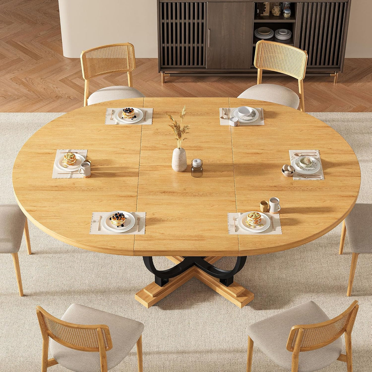 59" Round Extendable Dining Table for 4-6, Modern Oval Kitchen Table with Heavy Duty Curved Legs & Wood X-Based, MDF Board with Spring Buckle, Space Saving, Dining Kitchen Living Room, Oak