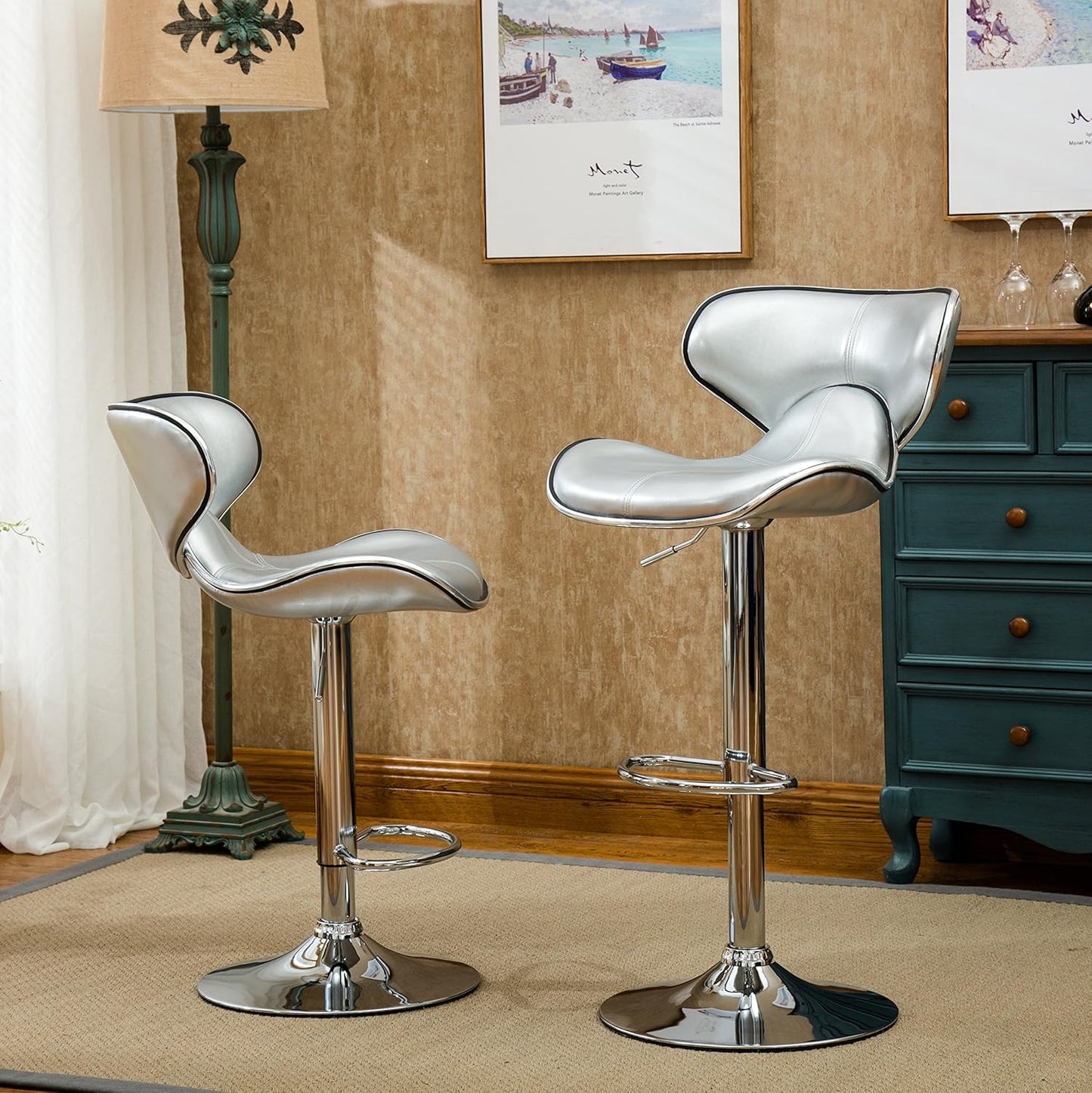 Roundhill Furniture Masaccio Cushioned Leatherette Upholstery Airlift Adjustable Swivel Barstool with Chrome Base, Set of 2, Silver