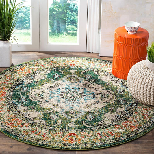 SAFAVIEH Monaco Collection Area Rug - 3' Round, Forest Green & Light Blue, Boho Medallion Distressed Design, Non-Shedding & Easy Care, Ideal for High Traffic Areas in Living Room, Bedroom (MNC243F)