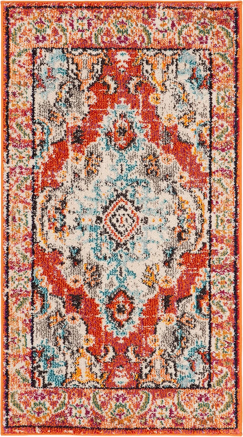 SAFAVIEH Monaco Collection Accent Rug - 2'2" x 4', Orange & Light Blue, Medallion Distressed Design, Non-Shedding & Easy Care, Ideal for High Traffic Areas in Entryway, Living Room, Bedroom (MNC243H)
