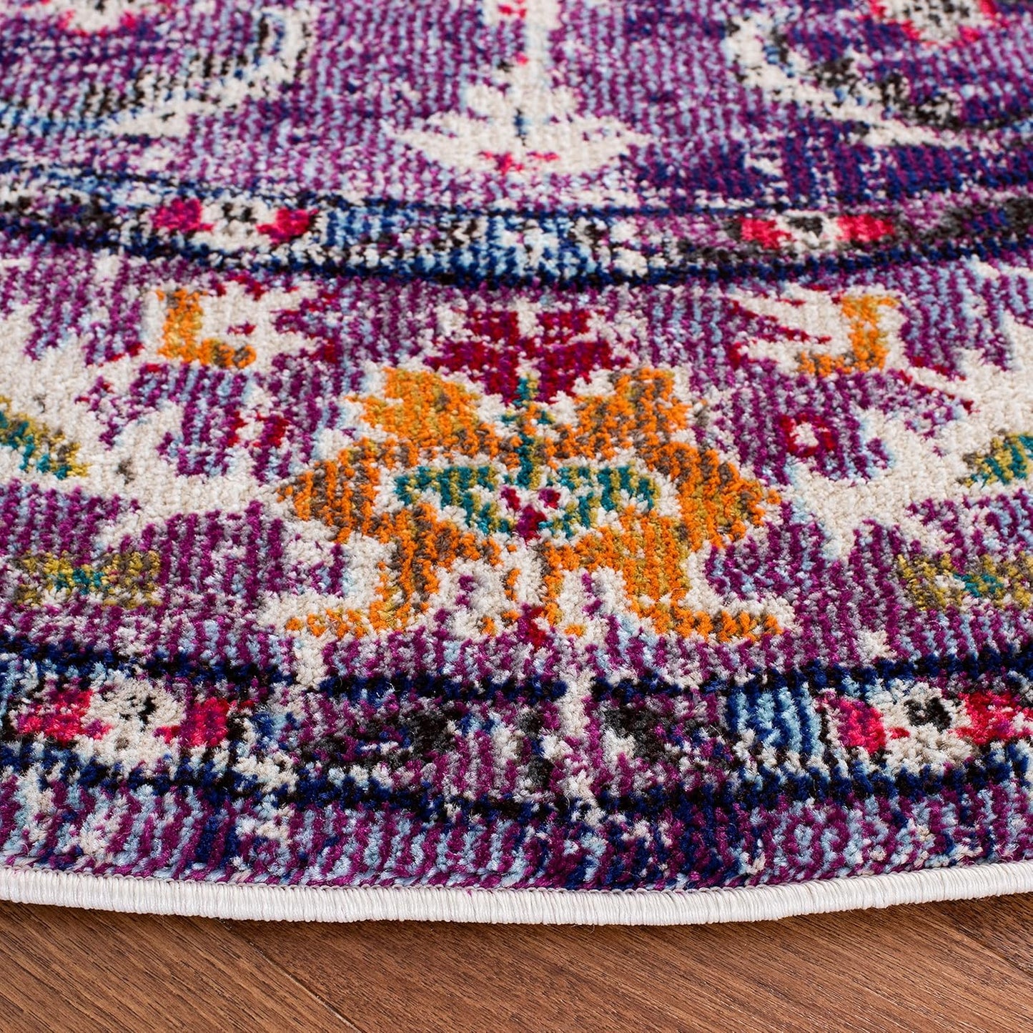 SAFAVIEH Monaco Collection Area Rug - 6'7" Round, Violet & Fuchsia, Boho Chic Medallion Distressed Design, Non-Shedding & Easy Care, Ideal for High Traffic Areas in Living Room, Bedroom (MNC243P)