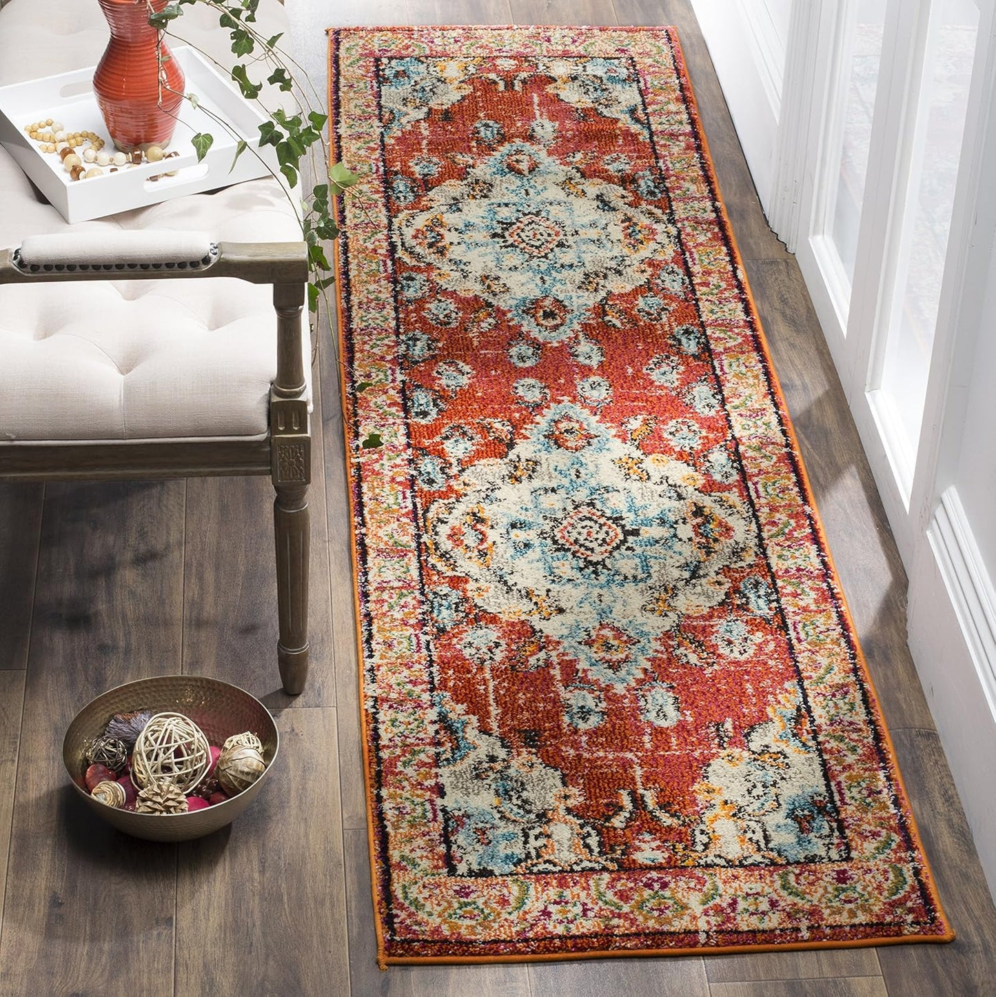 SAFAVIEH Monaco Collection Runner Rug - 2'2" x 14', Orange & Light Blue, Boho Chic Medallion Distressed Design, Non-Shedding & Easy Care, Ideal for High Traffic Areas in Living Room, Bedroom (MNC243H)