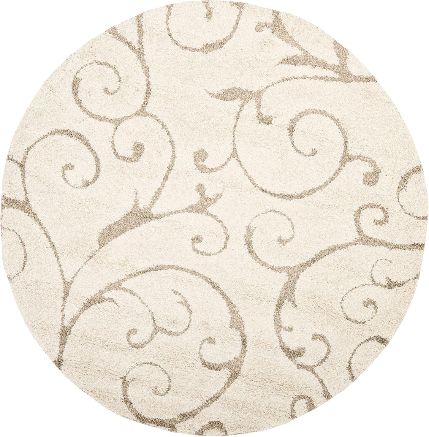 SAFAVIEH Florida Shag Collection Area Rug - 5' Round, Cream & Beige, Scroll Design, Non-Shedding & Easy Care, 1.2-inch Thick Ideal for High Traffic Areas in Living Room, Bedroom (SG455-1113)
