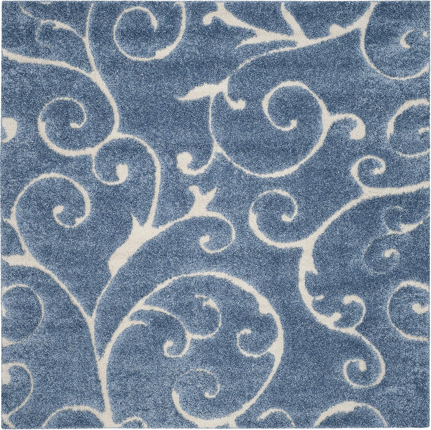 SAFAVIEH Florida Shag Collection Area Rug - 6'7" Square, Light Blue & Cream, Scroll Design, Non-Shedding & Easy Care, 1.2-inch Thick Ideal for High Traffic Areas in Living Room, Bedroom (SG455-6011)