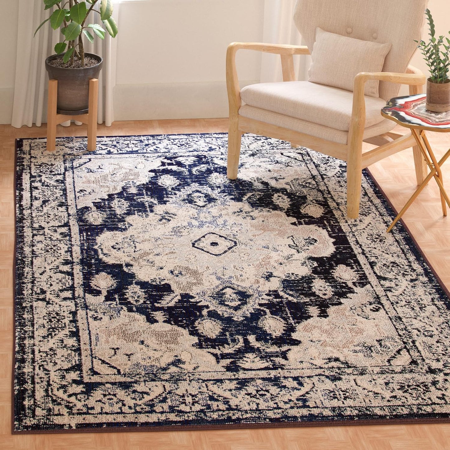 SAFAVIEH Monaco Collection Round Rug - 6'7" Round, Ivory & Navy, Traditional Design, Slip Resistant & Stain Resistant, Ideal for High Traffic Areas in Living Room, Bedroom & Dining Room (MNC243C-7R)
