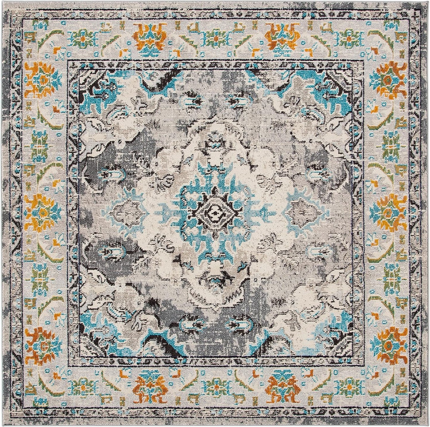 SAFAVIEH Monaco Collection Area Rug - 8'8" Square, Grey & Light Blue, Boho Chic Medallion Distressed Design, Non-Shedding & Easy Care, Ideal for High Traffic Areas in Living Room, Bedroom (MNC243G)