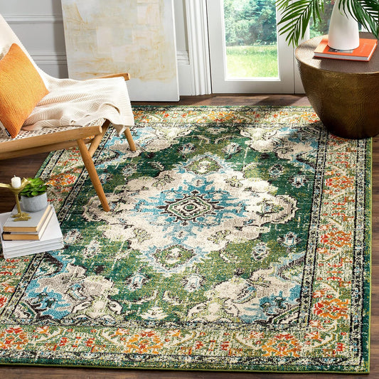 SAFAVIEH Monaco Collection Accent Rug - 4' x 5'7", Forest Green & Light Blue, Boho Medallion Design, Non-Shedding & Easy Care, Ideal for High Traffic Areas in Entryway, Living Room, Bedroom (MNC243F)