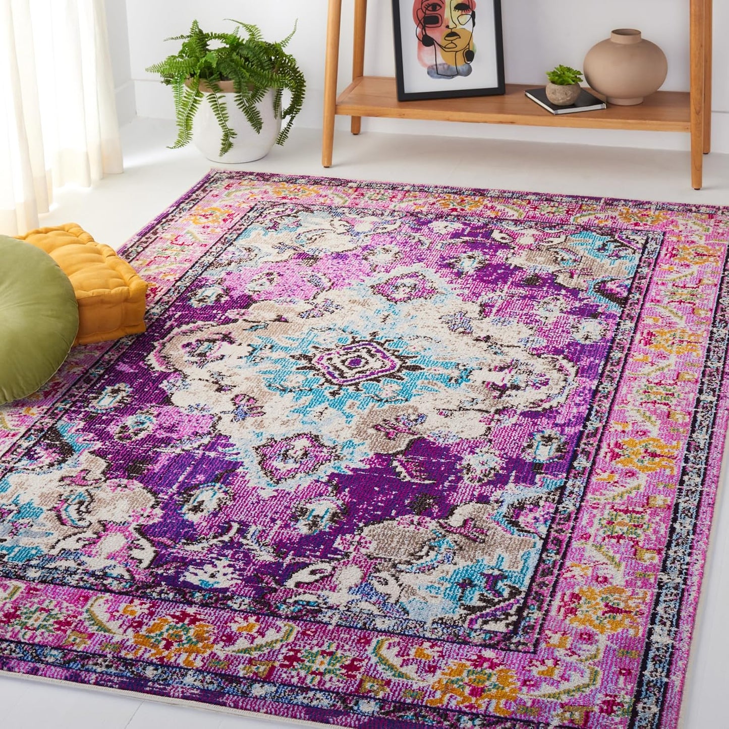 SAFAVIEH Monaco Collection Accent Rug - 4' x 5'7", Violet & Light Blue, Medallion Distressed Design, Non-Shedding & Easy Care, Ideal for High Traffic Areas in Entryway, Living Room, Bedroom (MNC243L)