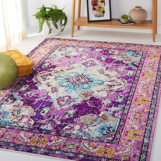 SAFAVIEH Monaco Collection Accent Rug - 4' x 5'7", Violet & Light Blue, Medallion Distressed Design, Non-Shedding & Easy Care, Ideal for High Traffic Areas in Entryway, Living Room, Bedroom (MNC243L)