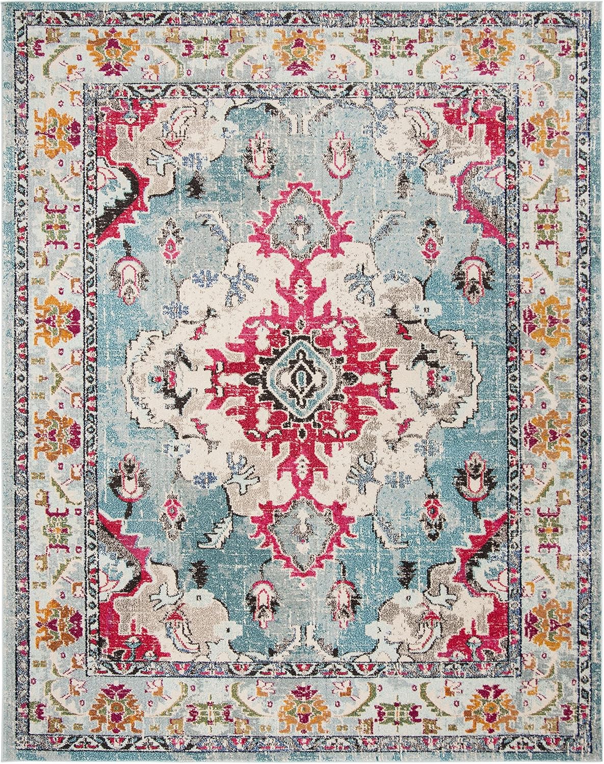 SAFAVIEH Monaco Collection 9' x 12' Light BlueFuchsia MNC243J Boho Chic Medallion Distressed Non-Shedding Living Room Bedroom Dining Home Office Area Rug