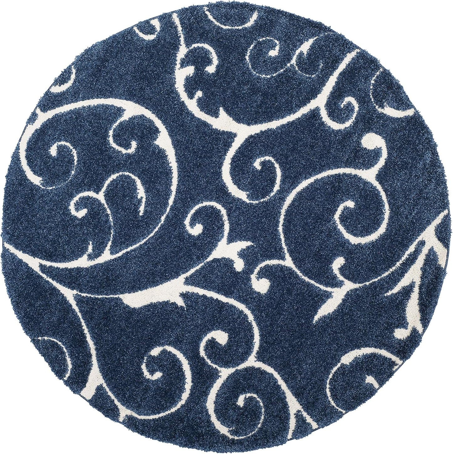 SAFAVIEH Florida Shag Collection Area Rug - 4' Round, Dark Blue & Cream, Scroll Design, Non-Shedding & Easy Care, 1.2-inch Thick Ideal for High Traffic Areas in Living Room, Bedroom (SG455-6511)