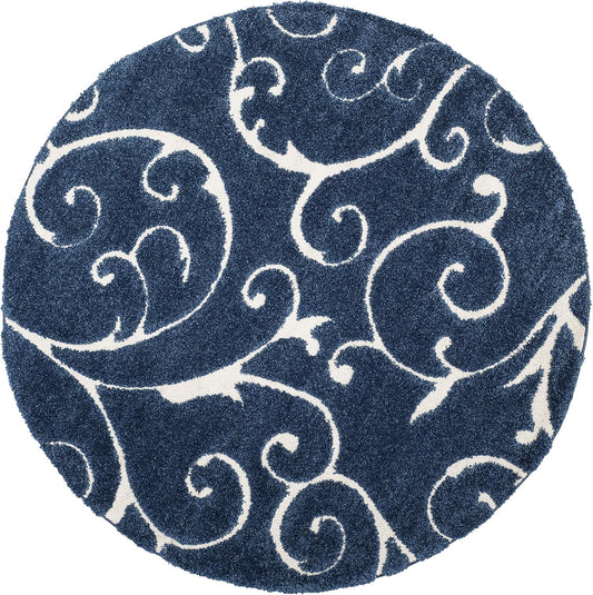 SAFAVIEH Florida Shag Collection Area Rug - 4' Round, Dark Blue & Cream, Scroll Design, Non-Shedding & Easy Care, 1.2-inch Thick Ideal for High Traffic Areas in Living Room, Bedroom (SG455-6511)