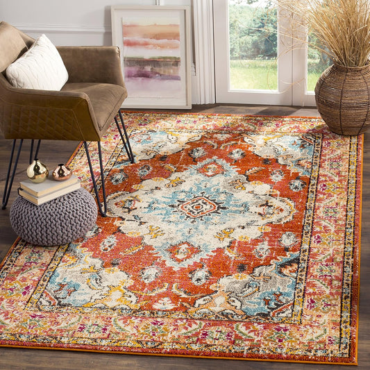 SAFAVIEH Monaco Collection Accent Rug - 3' x 5', Orange & Light Blue, Medallion Distressed Design, Non-Shedding & Easy Care, Ideal for High Traffic Areas in Entryway, Living Room, Bedroom (MNC243H)