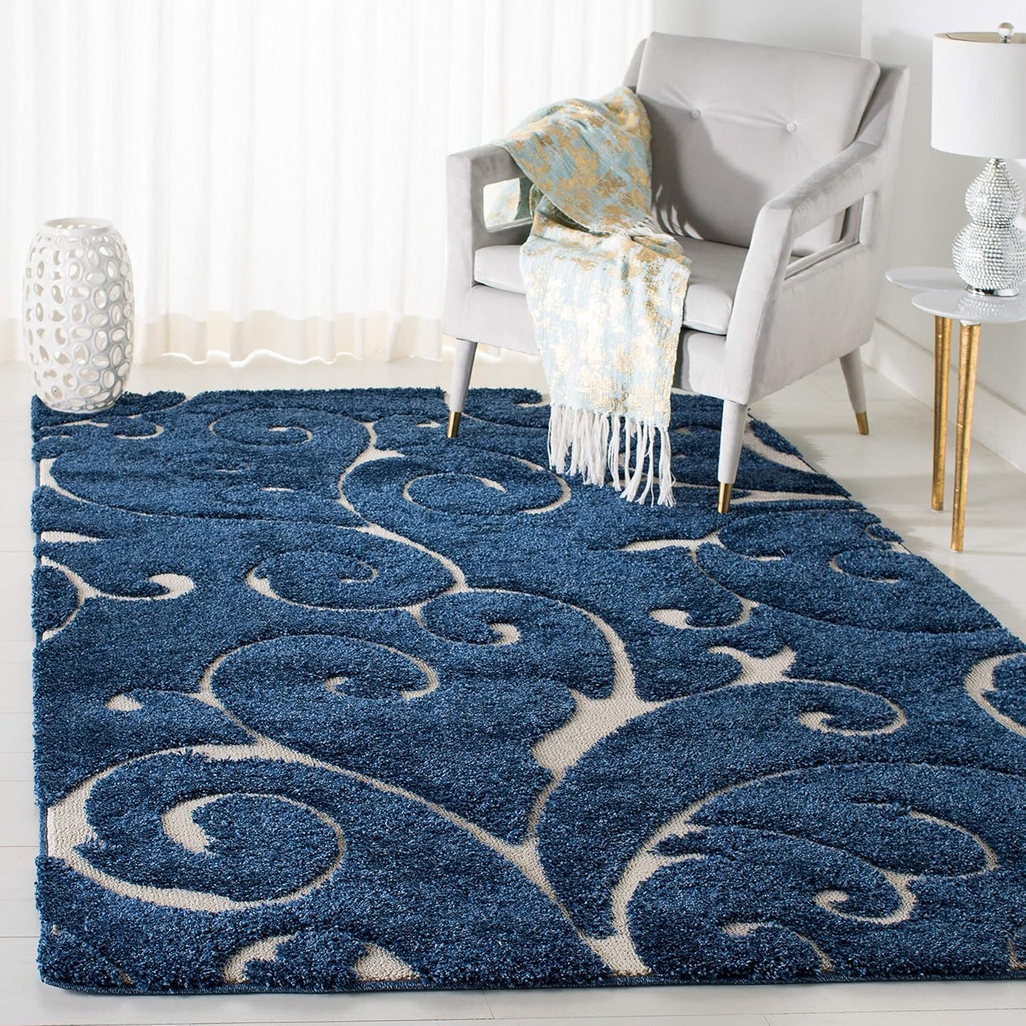 SAFAVIEH Florida Shag Collection Accent Rug - 3'3" x 5'3", Dark Blue & Cream, Scroll, Non-Shedding & Easy Care, 1.2-inch Thick Ideal for High Traffic Areas in Foyer, Living Room, Bedroom (SG455-6511)