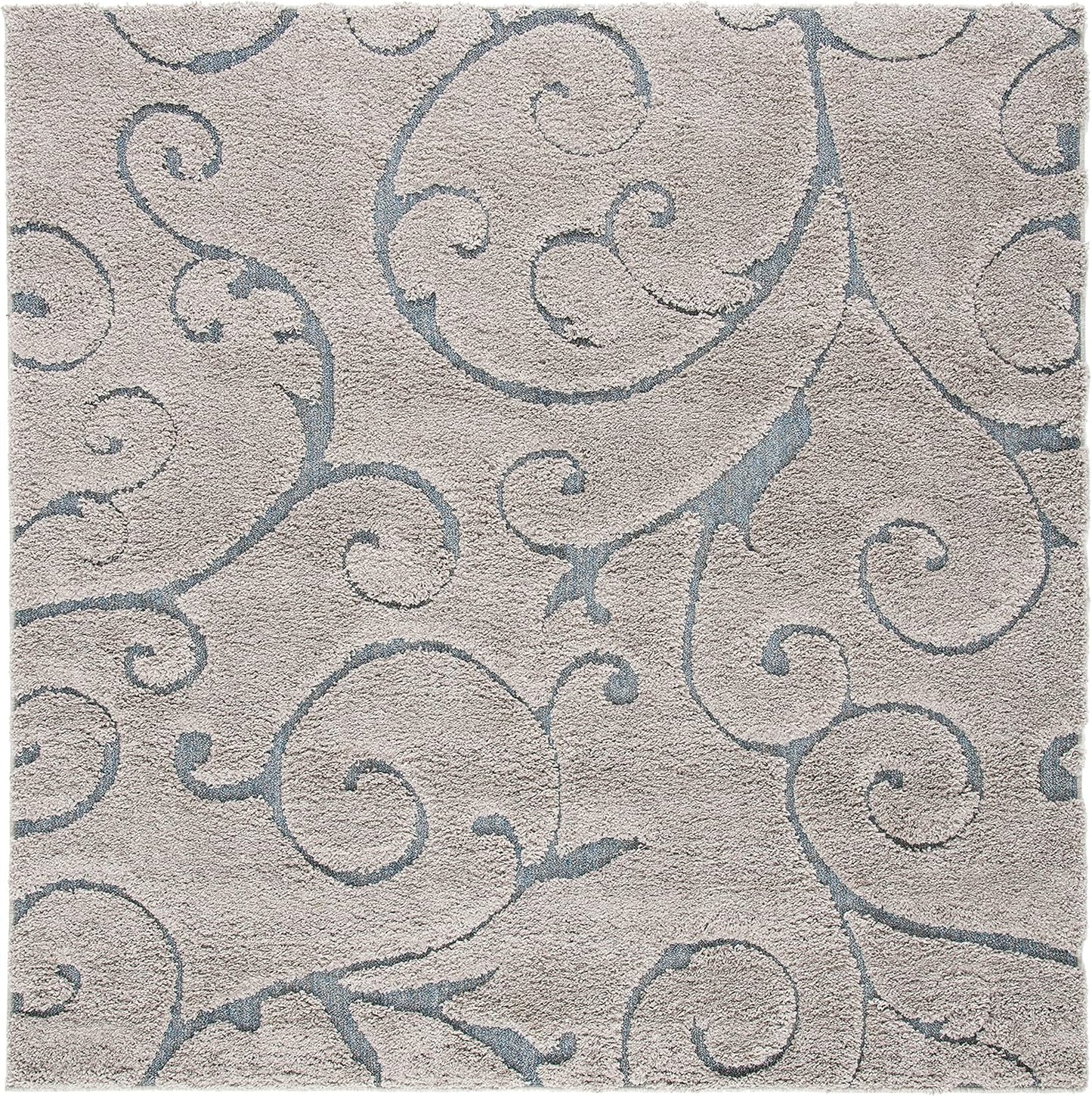 SAFAVIEH Florida Shag Collection Area Rug - 4' Square, Grey & Light Blue, Scroll Design, Non-Shedding & Easy Care, 1.2-inch Thick Ideal for High Traffic Areas in Living Room, Bedroom (SG455-1160)