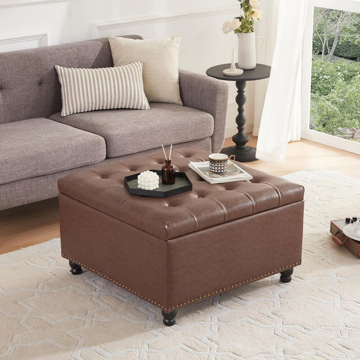 Tbfit Large Square Storage Ottoman Bench, Button Tufted Upholstered Coffee Table Ottoman with Wooden Legs, Oversized Storage Ottomans Toy Box Footrest for Living Room, Brown