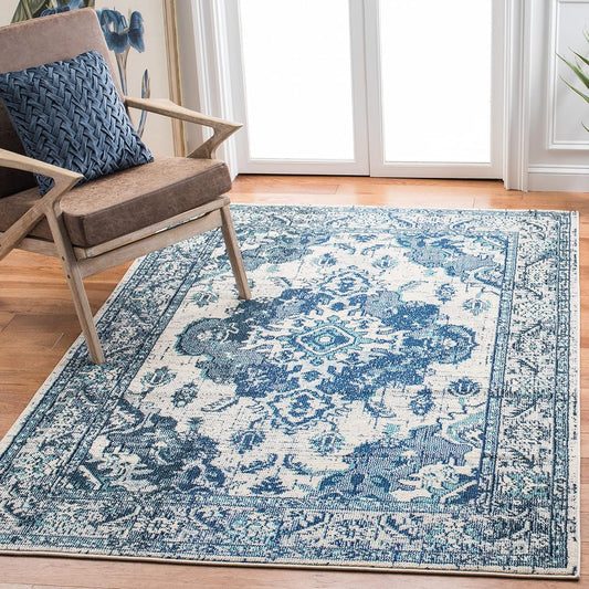 SAFAVIEH Monaco Collection MNC243A Boho Chic Medallion Distressed Non-Shedding Living Room Bedroom Accent Area Rug, 3' x 5', Ivory / Blue