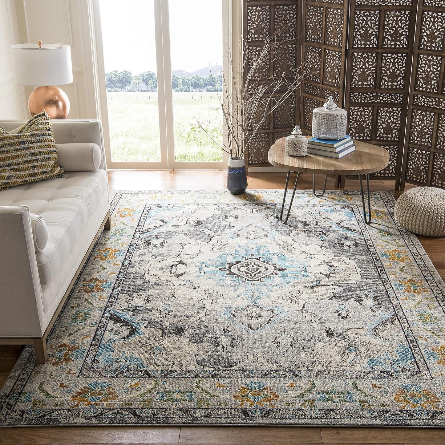 SAFAVIEH Monaco Collection Area Rug - 10' x 14', Grey & Light Blue, Boho Chic Medallion Distressed Design, Non-Shedding & Easy Care, Ideal for High Traffic Areas in Living Room, Bedroom (MNC243G)
