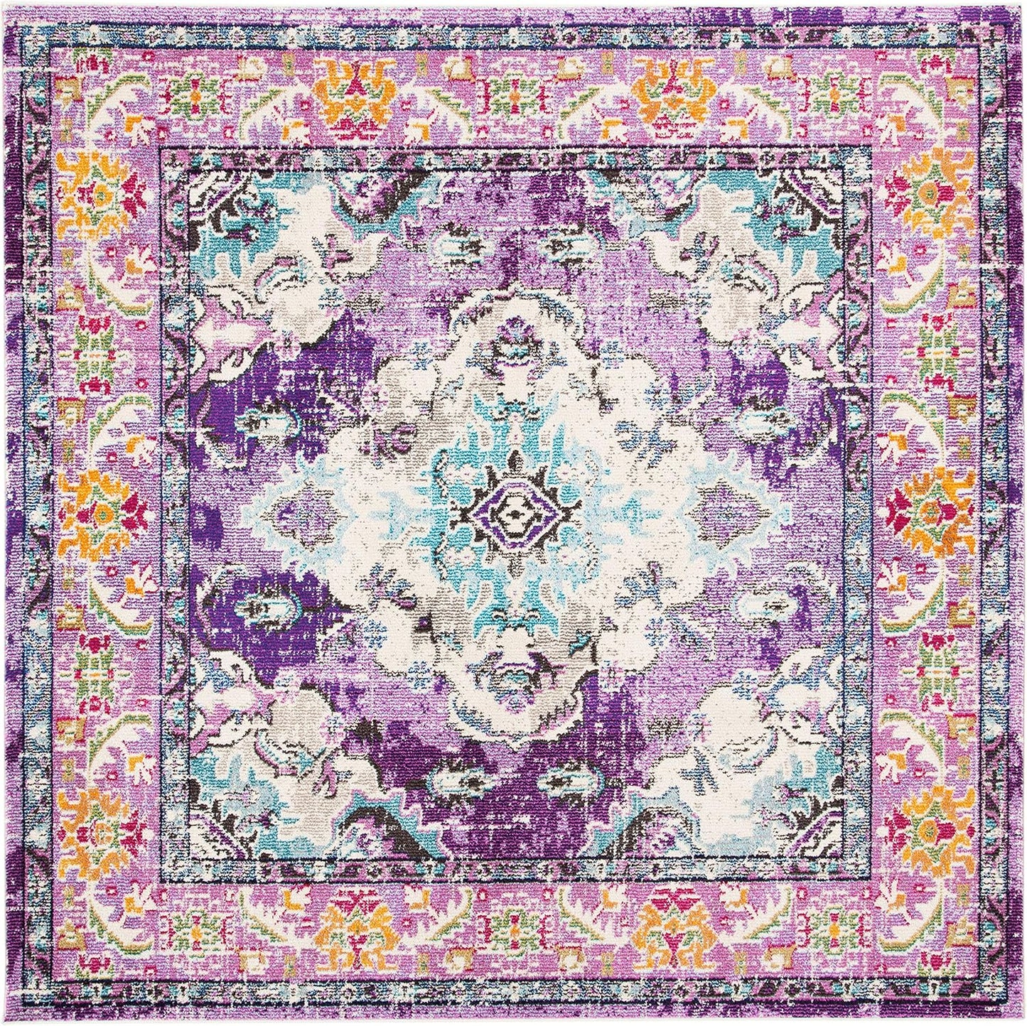 SAFAVIEH Monaco Collection Area Rug - 8'8" Square, Violet & Light Blue, Boho Chic Medallion Distressed Design, Non-Shedding & Easy Care, Ideal for High Traffic Areas in Living Room, Bedroom (MNC243L)