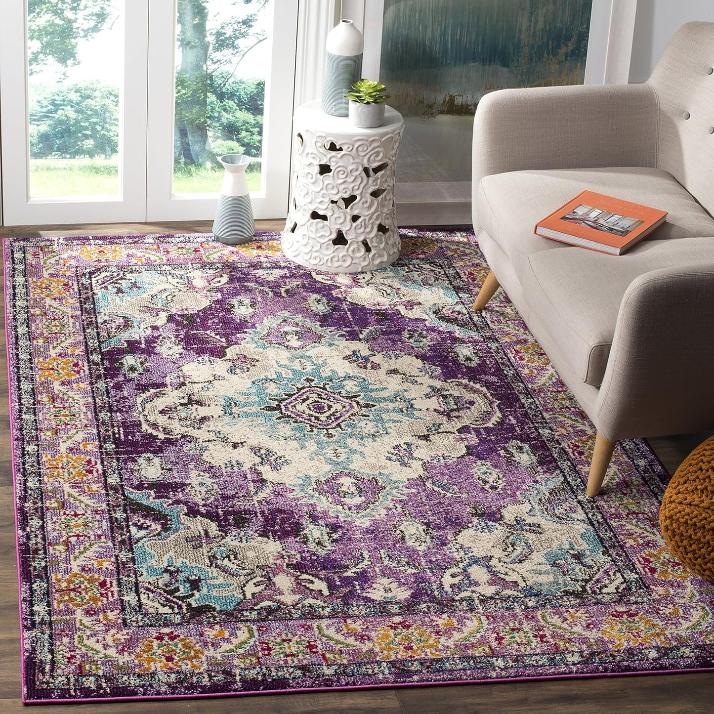 SAFAVIEH Monaco Collection Accent Rug - 4' x 5'7", Violet & Light Blue, Medallion Distressed Design, Non-Shedding & Easy Care, Ideal for High Traffic Areas in Entryway, Living Room, Bedroom (MNC243L)