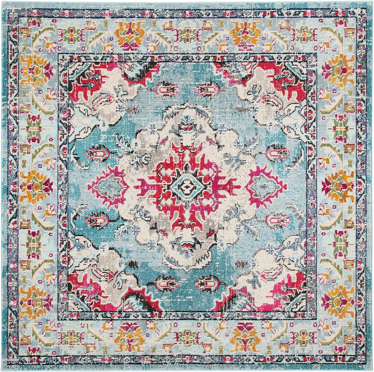 SAFAVIEH Monaco Collection Area Rug - 6'7" Square, Light Blue & Fuchsia, Boho Chic Medallion Distressed Design, Non-Shedding & Easy Care, Ideal for High Traffic Areas in Living Room, Bedroom (MNC243J)