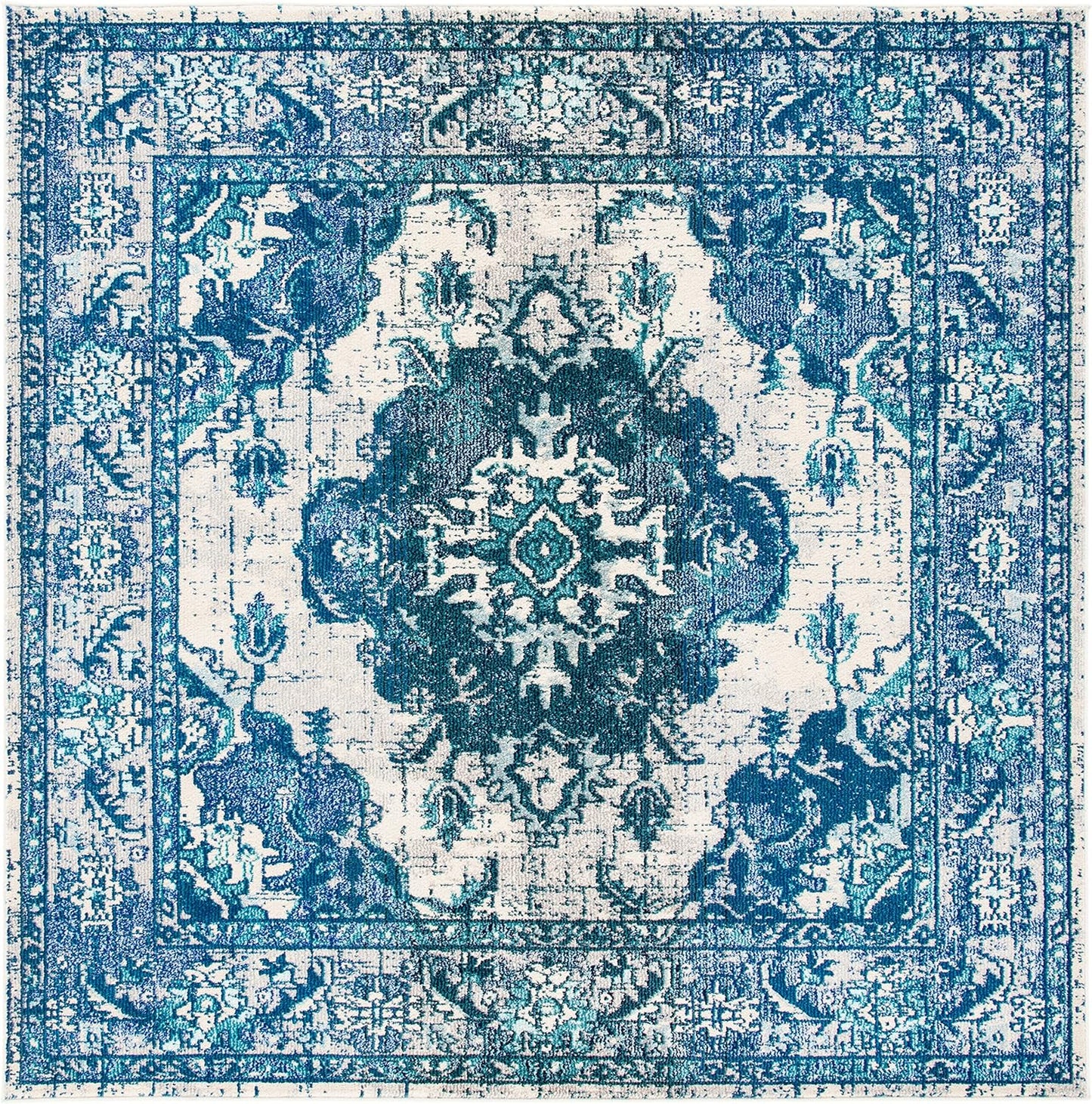 SAFAVIEH Monaco Collection Area Rug - 6'7" Square, Ivory & Blue, Boho Chic Medallion Distressed Design, Non-Shedding & Easy Care, Ideal for High Traffic Areas in Living Room, Bedroom (MNC243A)