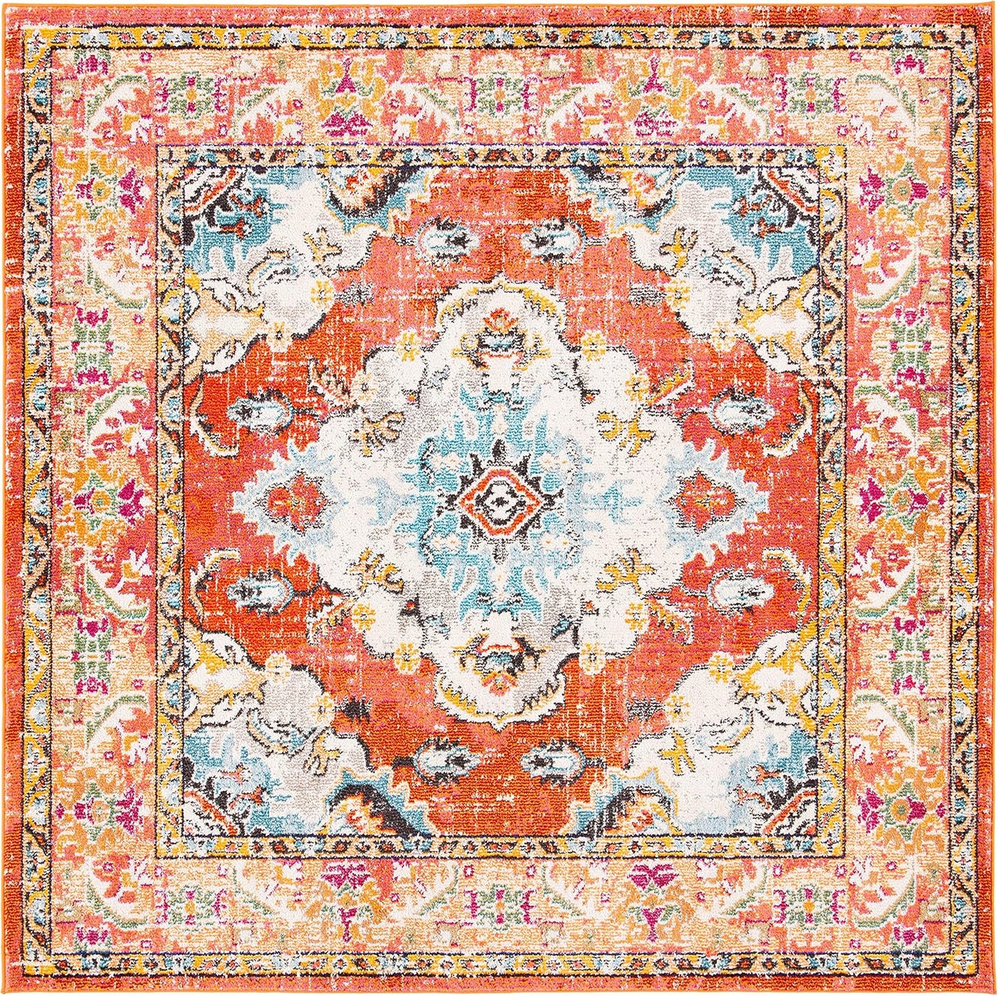 SAFAVIEH Monaco Collection Area Rug - 6'7" Square, Orange & Light Blue, Boho Chic Medallion Distressed Design, Non-Shedding & Easy Care, Ideal for High Traffic Areas in Living Room, Bedroom (MNC243H)