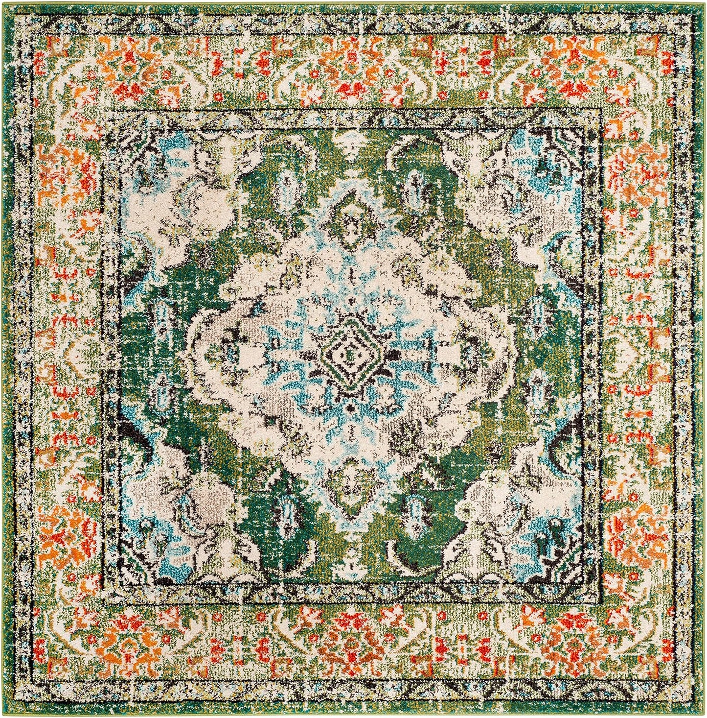 SAFAVIEH Monaco Collection Area Rug - 5' Square, Forest Green & Light Blue, Medallion Distressed Design, Non-Shedding & Easy Care, Ideal for High Traffic Areas in Living Room, Bedroom (MNC243F)